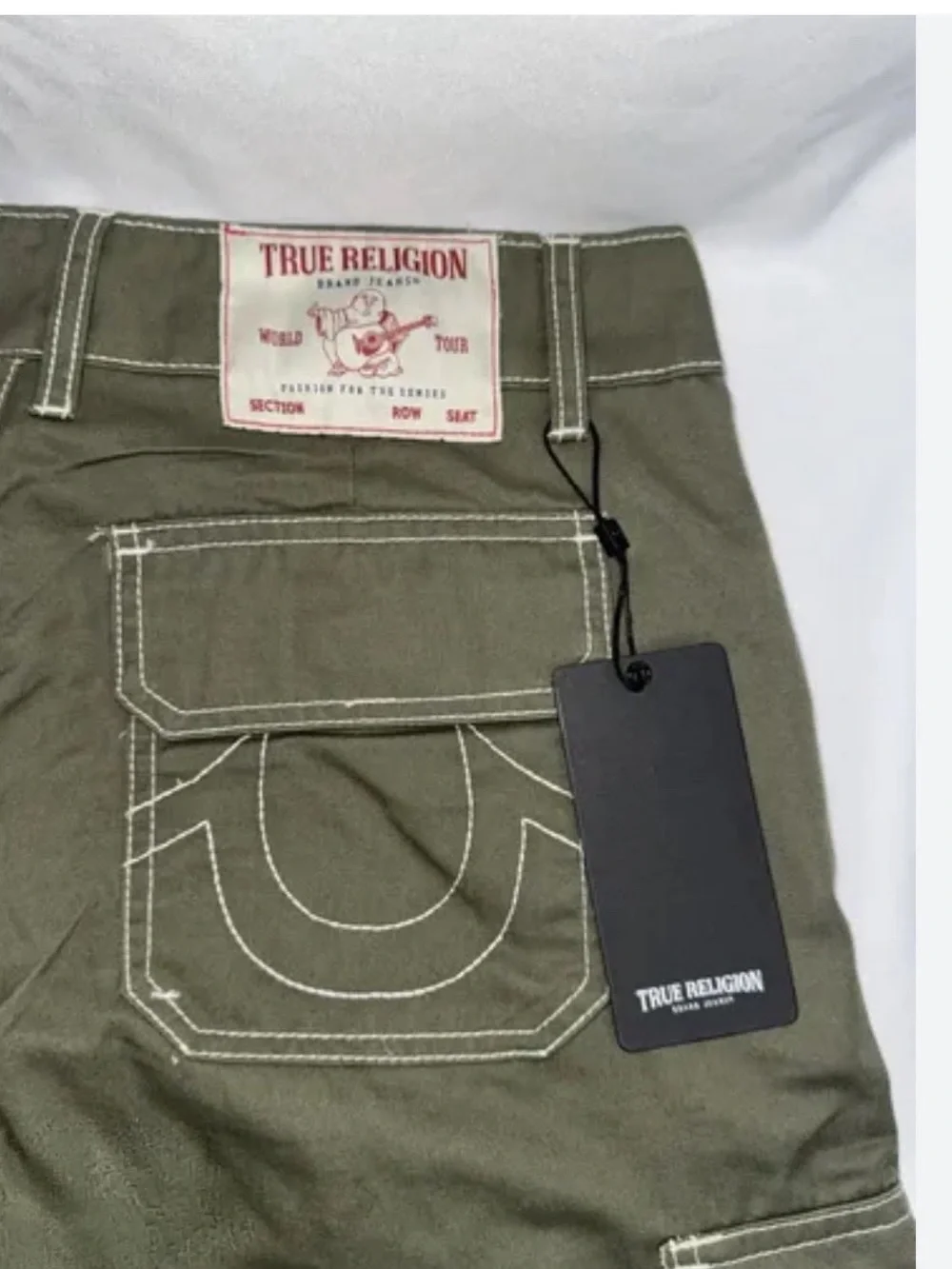 True Religion Men's Olive Cargo Jeans with Contrast Stitching